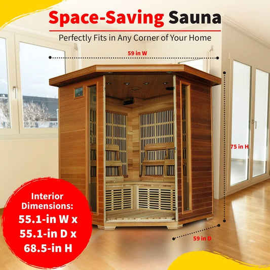 4-Person Cedar Corner Infrared Sauna with 10 Carbon Heaters